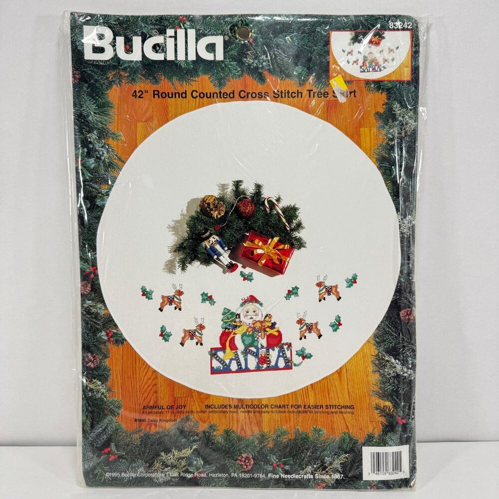 Bucilla Christmas Tree Skirt Cross Stitch Kit Santa Claus Reindeer Toys 42"